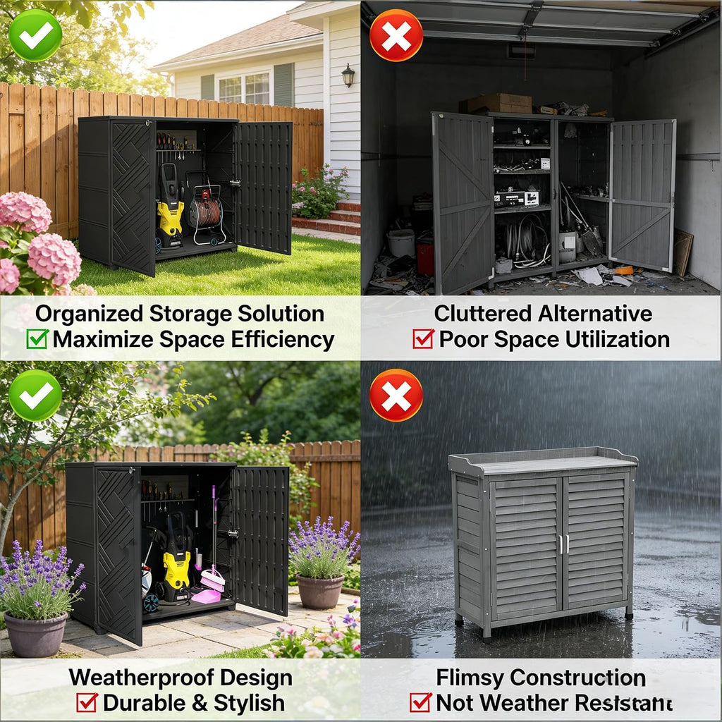 Outdoor Storage Cabinet with Lockable Doors, Portable Horizontal HDPE Plastic Storage Shed, Outdoor Waterproof Storage Cabinet for Pool Storage, Garden Shed, Black