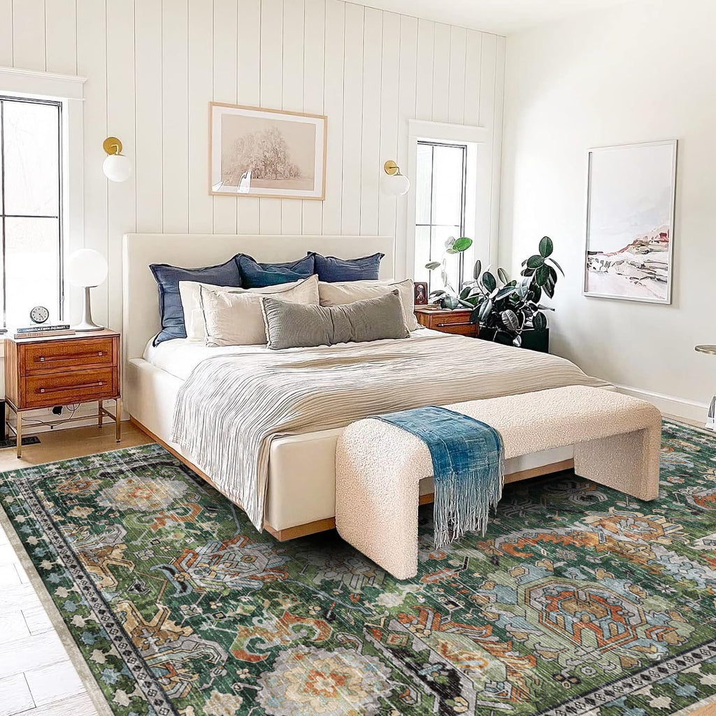RUGSURE Washable Area Rugs - Perfect for Living Room, Bedroom, Kids Room, Nursery - Stain & Water Resistant Non-Slip, Pet & Child Friendly, Vintage Tribal Area Rugs (Green, 9' x 12')