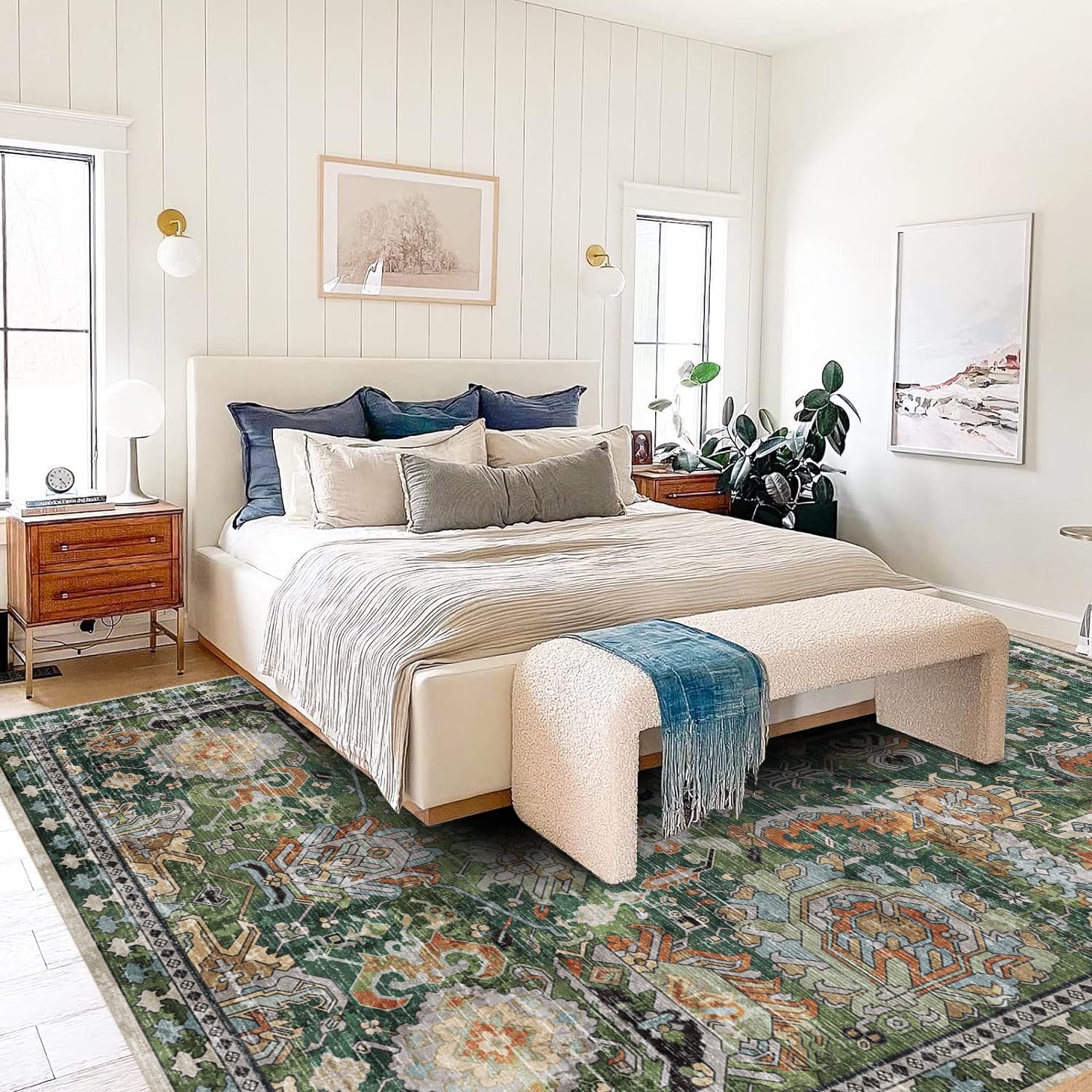 RUGSURE Washable Area Rugs - Perfect for Living Room, Bedroom, Kids Room, Nursery - Stain & Water Resistant Non-Slip, Pet & Child Friendly, Vintage Tribal Area Rugs (Green, 9' x 12')