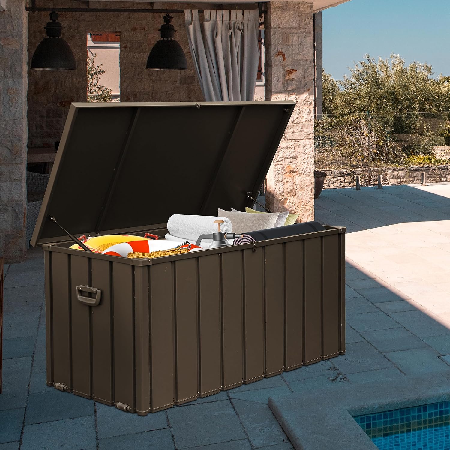 Domi 100 Gallon Deck Box Outdoor Storage Box, Lockable Storage Cabinet Deck Box Outdoor Waterproof, Large Metal Storage Bin for Patio Furniture Cushions Garden Tools Pool-Supplies, Brown