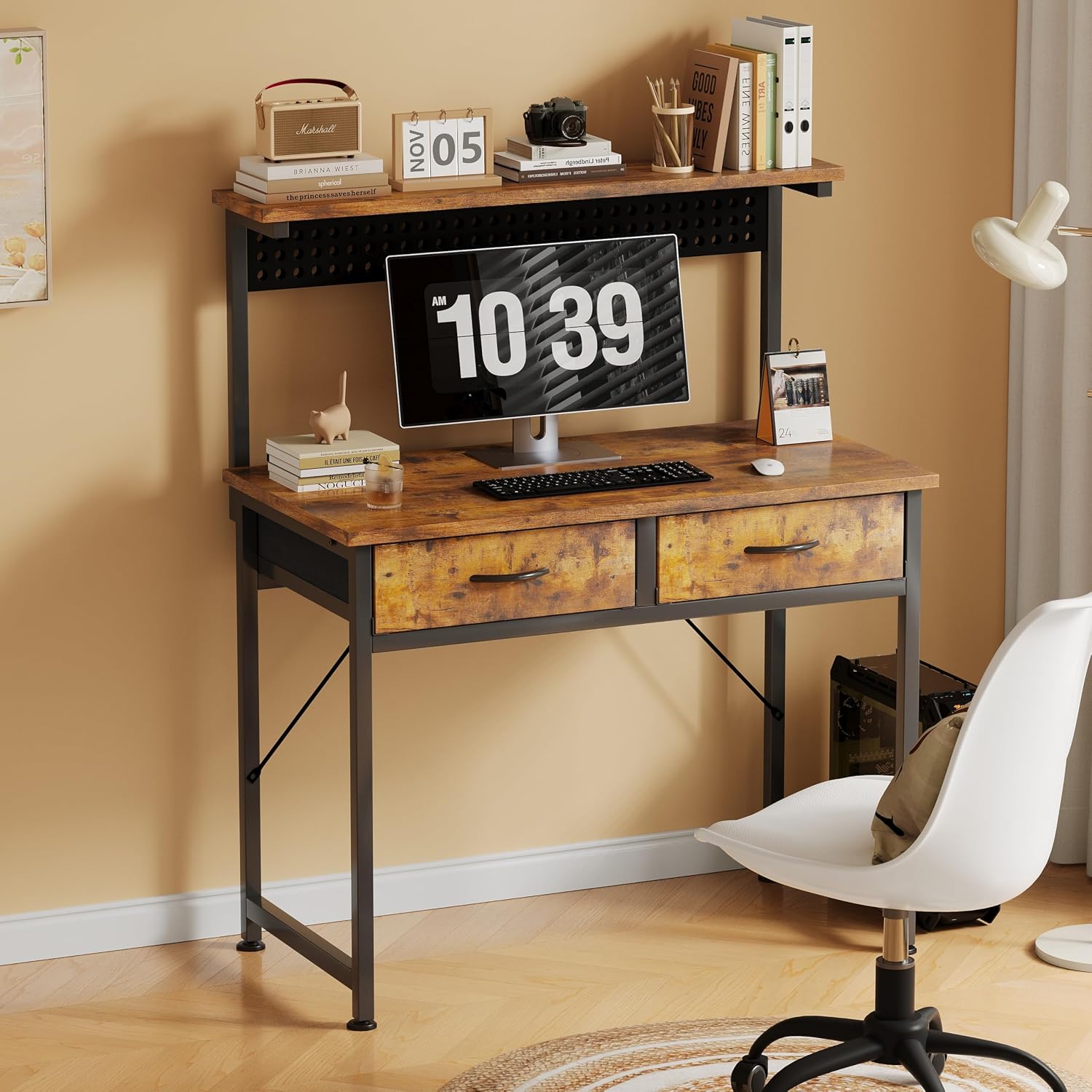 MUTUN Small Desk with Drawers, 31 Inch Computer Desk with Power Outlet & LED Light, Gaming Desk with Adjustable Monitor Stand & Pegboard, Modern PC Study Writing Table for Bedroom, Rustic Brown