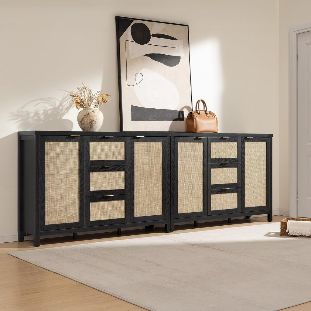 SICOTAS Rattan Large Sideboard Buffet Cabinet with Storage - Farmhouse Boho Coffee Bar Storage Cabinet with 3 Drawers and 2 Doors, Tall Credenza for Living Room, Kitchen, Hallway, Black Oak (2 Pieces)