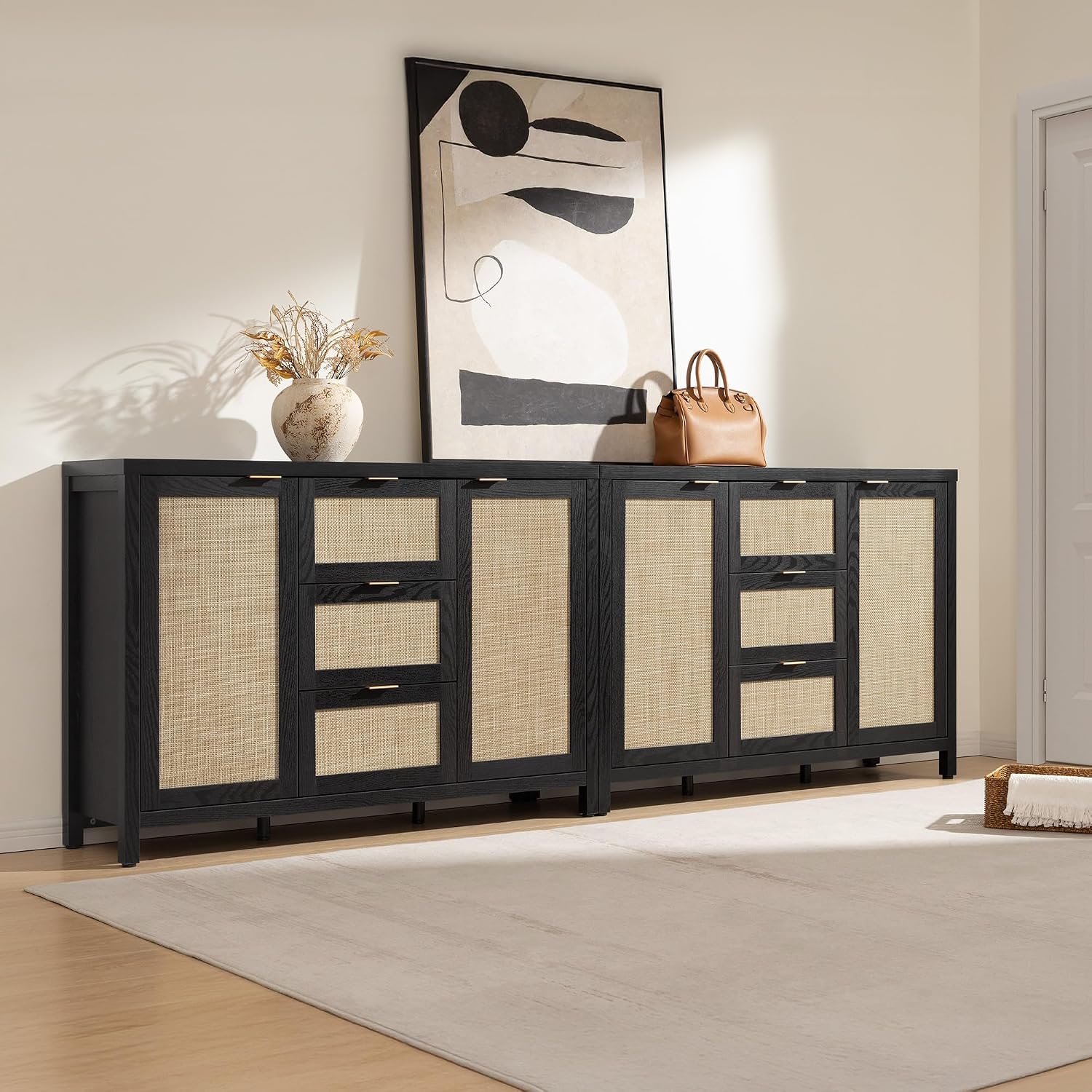 SICOTAS Rattan Large Sideboard Buffet Cabinet with Storage - Farmhouse Boho Coffee Bar Storage Cabinet with 3 Drawers and 2 Doors, Tall Credenza for Living Room, Kitchen, Hallway, Black Oak (2 Pieces)
