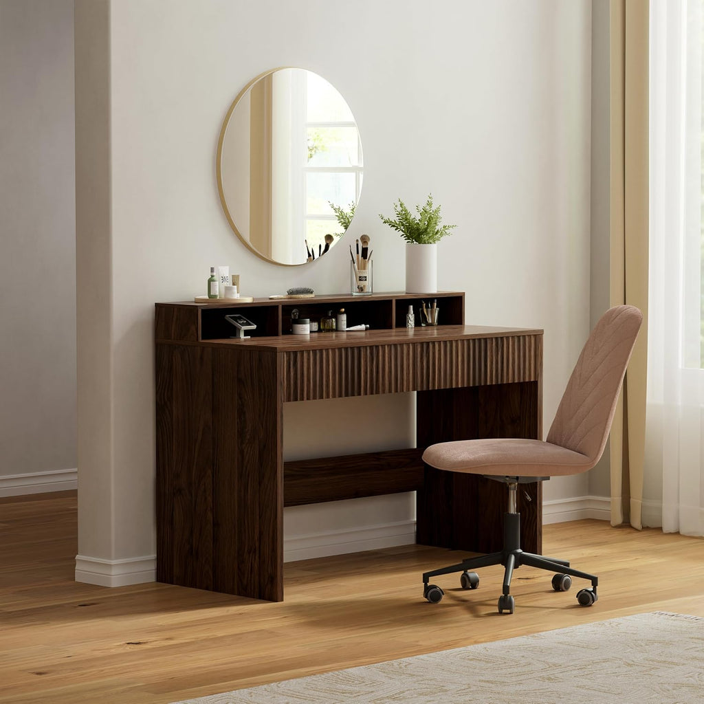 47' Executive Desk with Fluted Drawer, Modern Home Office Desk with Long Monitor Stand and 2 Drawers, Computer Writing Desk for Study Office Vanity, Brown