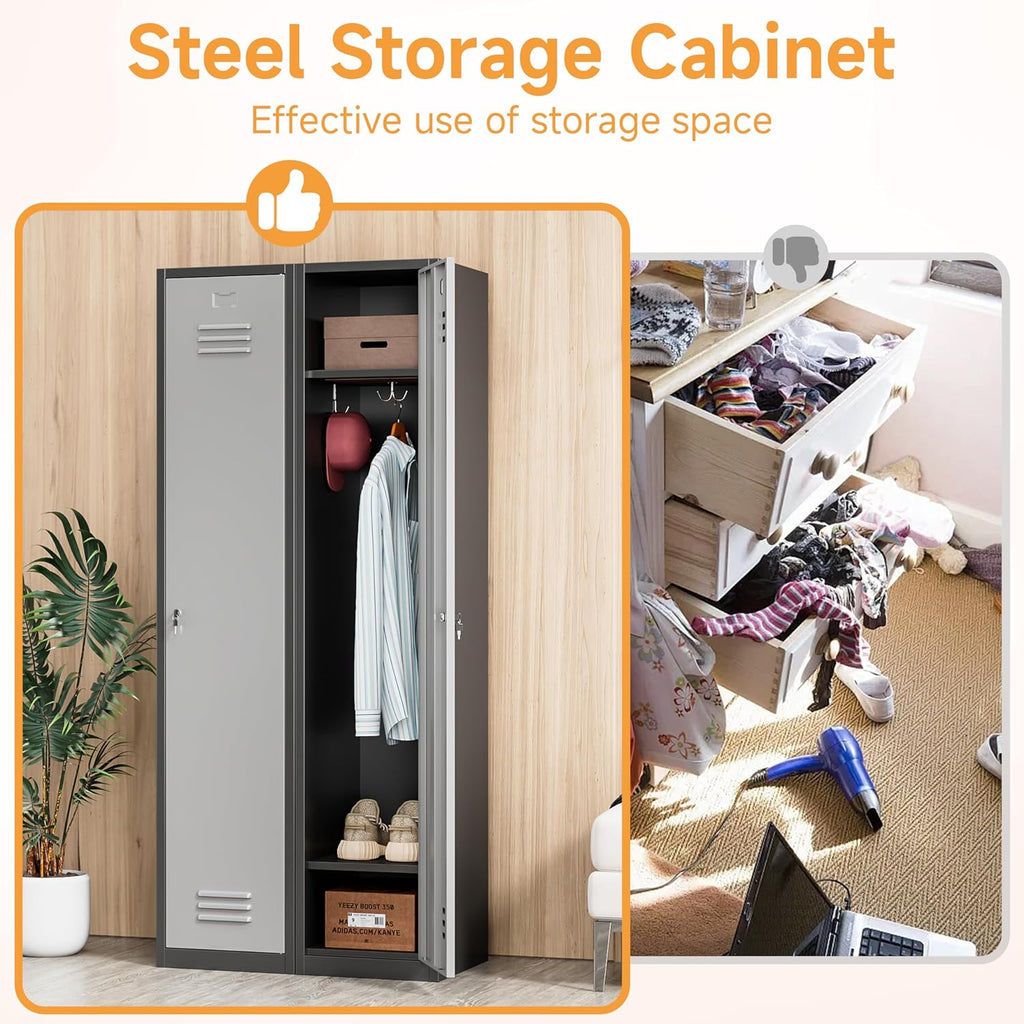 Bestoo Metal Armoire Wardrobe Closet with Locking Doors 71' Tall Narrow Steel Locking Storage Cabinet with 1 Lockable Door and Hooks for Employees, Gym, School, Home and Office (Black Gray)