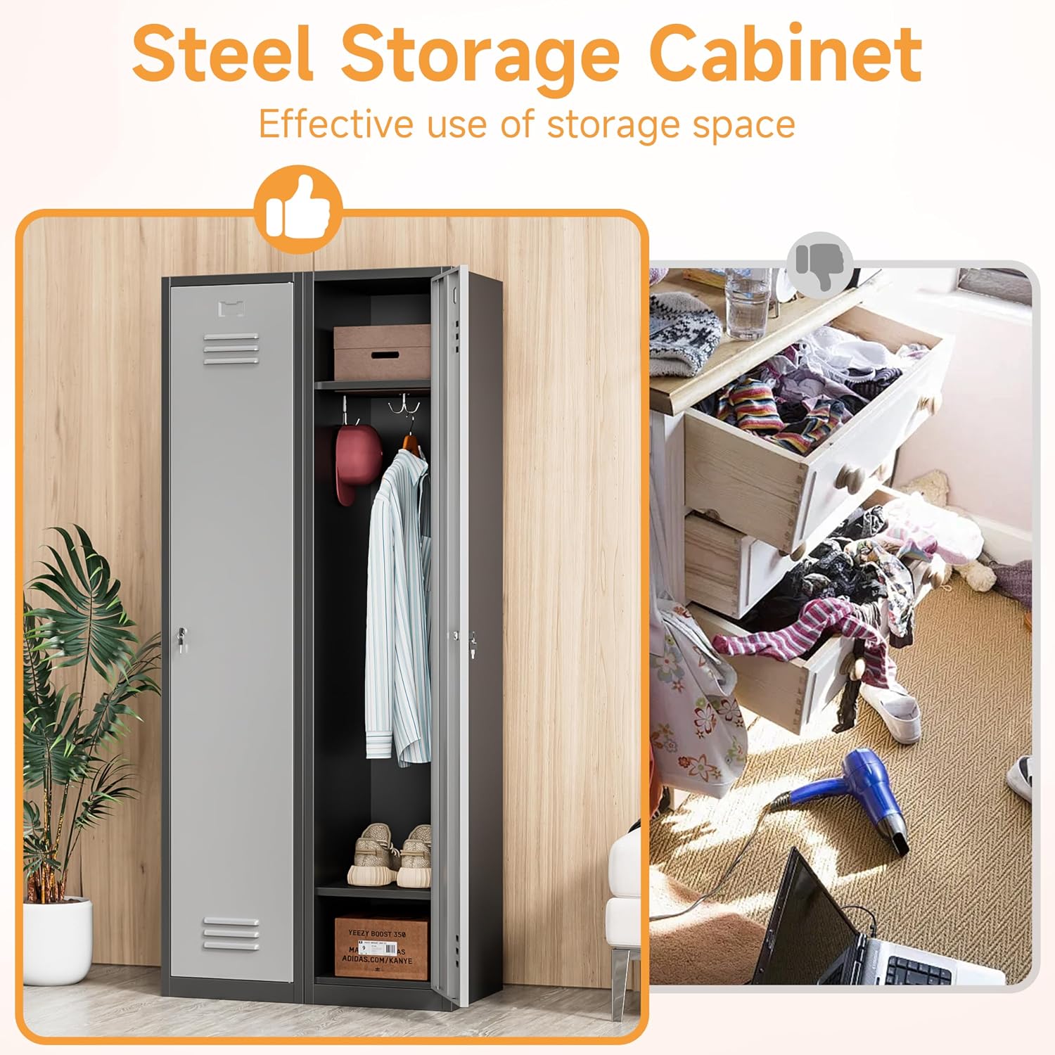 Bestoo Metal Armoire Wardrobe Closet with Locking Doors 71' Tall Narrow Steel Locking Storage Cabinet with 1 Lockable Door and Hooks for Employees, Gym, School, Home and Office (Black Gray)