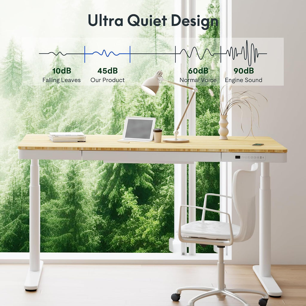 FLEXISPOT Q8 55' Bamboo Standing Desk, Dual Motor 3 Stages Adjustable Height Electric Computer Workstation w/Wireless Charging, Drawer, Quick Install, 220lbs Capacity (Bamboo Tabletop + Black Frame)