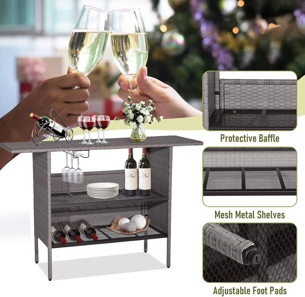 Giantex Outdoor Patio Wicker Bar Table, 2 Storage Shelves, 55''W Tabletop, Rails for Hanging Wine Glasses, Heavy-Duty Metal Frame, Bistro Rattan Bar Counter Table for Poolside Backyard (Mix Gray)