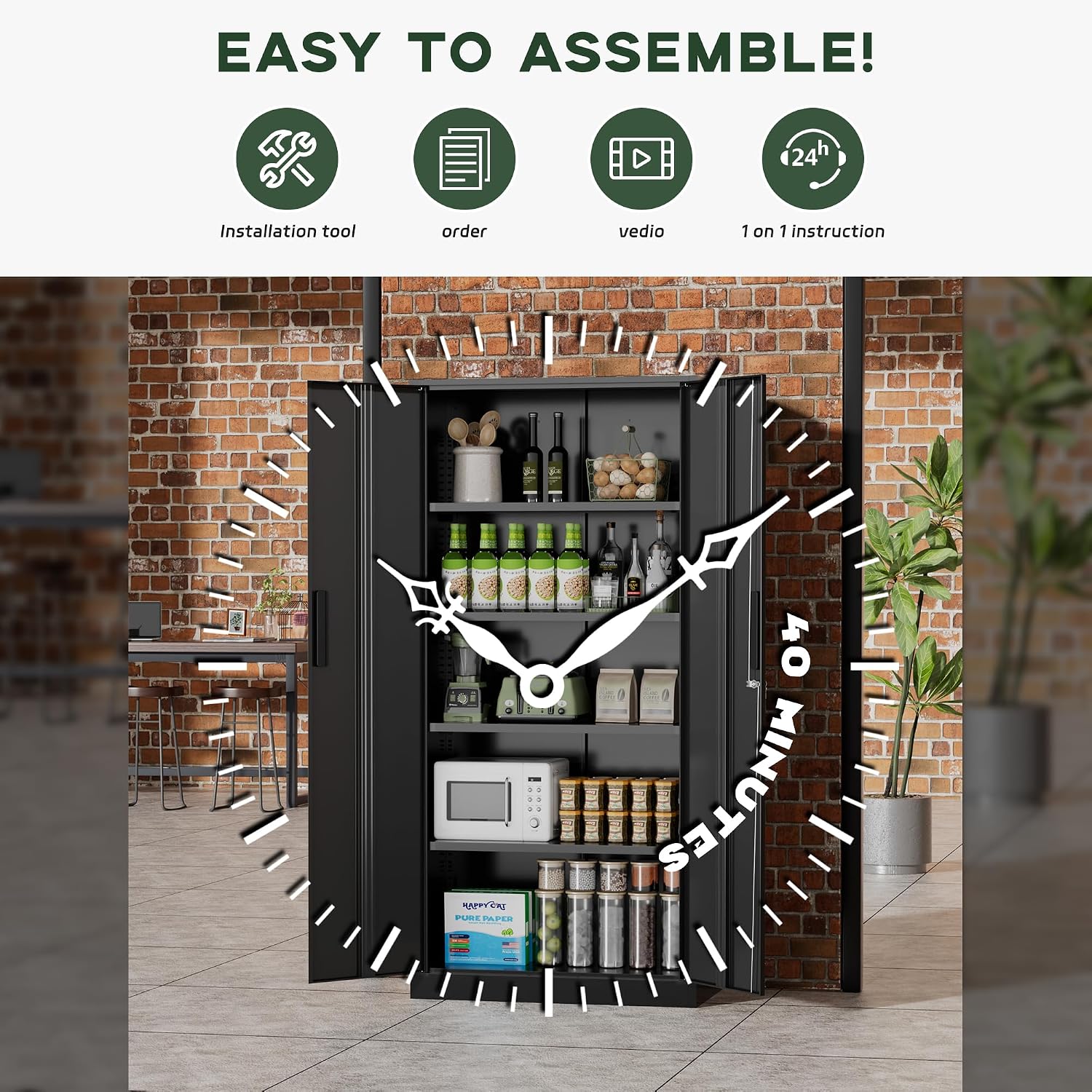 Greenvelly Metal Storage Cabinet, 72' Black Metal Locking Storage Cabinet with Doors and 4 Adjustable Shelves, Large Steel Cabinet for Home Office, Garage, Shop, School (32' W x 16' D)