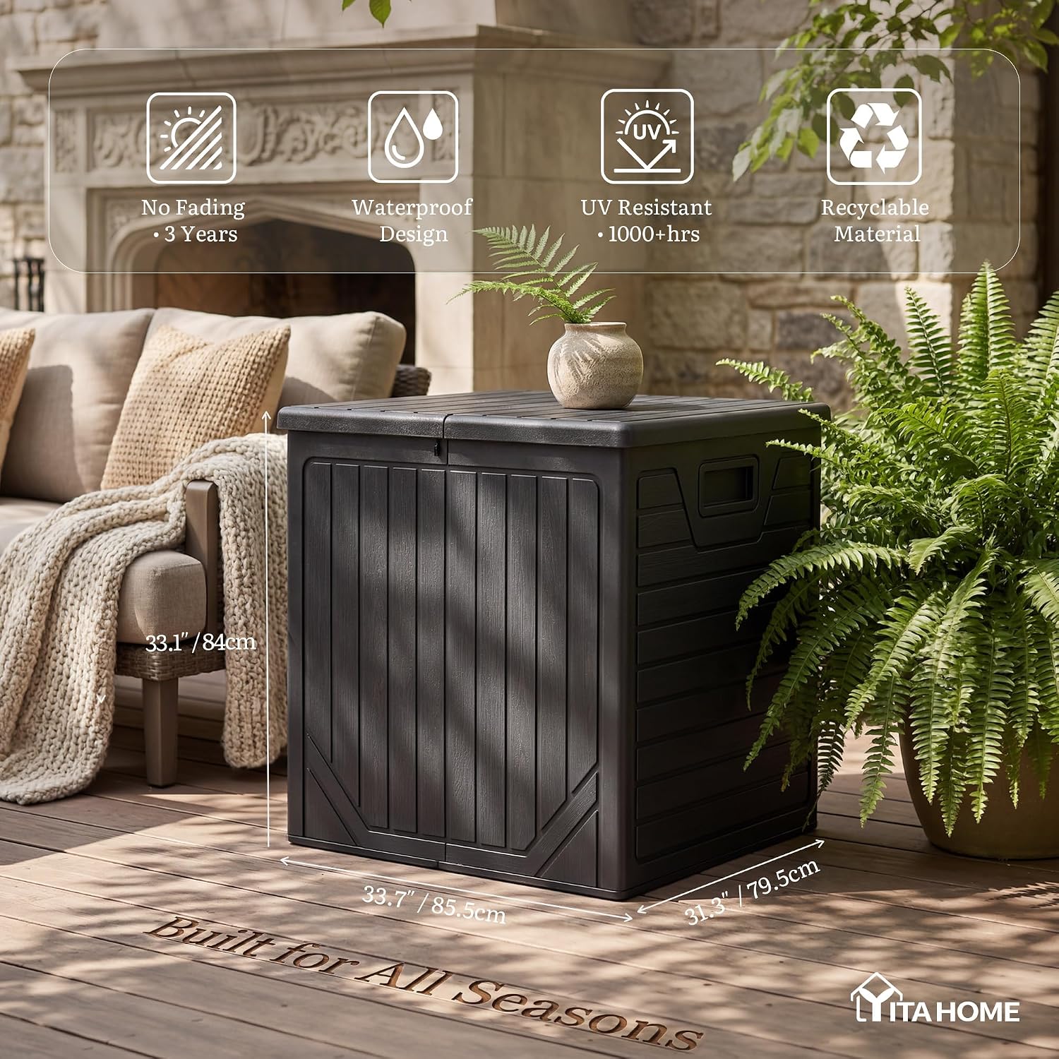 YITAHOME 150 Gallon Large Outdoor Storage Box w/Double Wall, Waterproof Deck Box with Hydraulic Piston for Garden Tools, Pool Accessories & Cushions, Resin Deck Organizer with Bench Seat(Black)