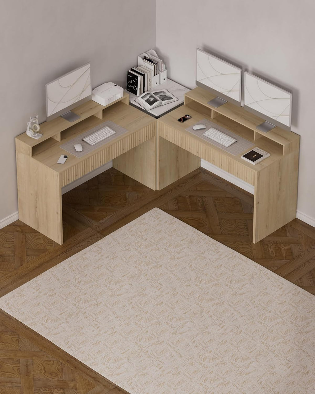 47' Executive Desk with Fluted Drawer, Modern Wood Home Office Desk with Long Monitor Stand and 2 Drawers, Computer Writing Desk for Study Office Vanity, Light Oak