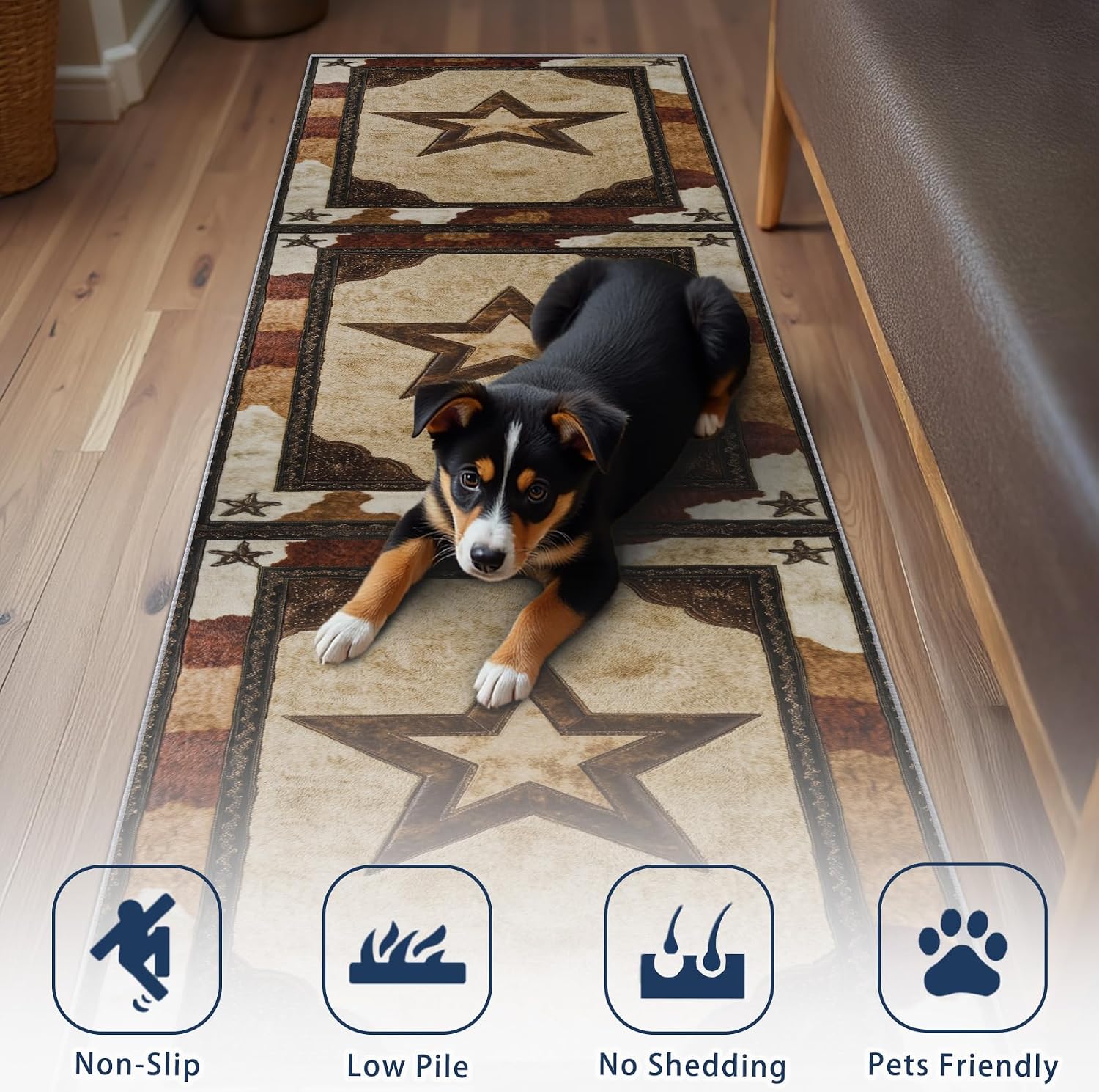 Texas Star Runner Rug for Hallway - 4x10 Washable Rug Runner Non Slip - Western Cowboy Kitchen Rugs - Rustic Farmhouse Cowhide Carpet Runners for Hallway, Laundry Room, Bedroom, Bathroom
