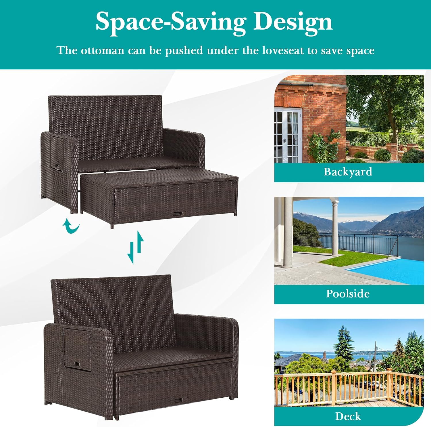 COSTWAY Patio Rattan Daybed with Cushions, Outdoor Wicker Loveseat Sofa with Storage Ottoman, 4-Level Adjustable Backrest, Bed Lounger for Yard, Balcony, Porch, Garden, Pool (Turquoise)