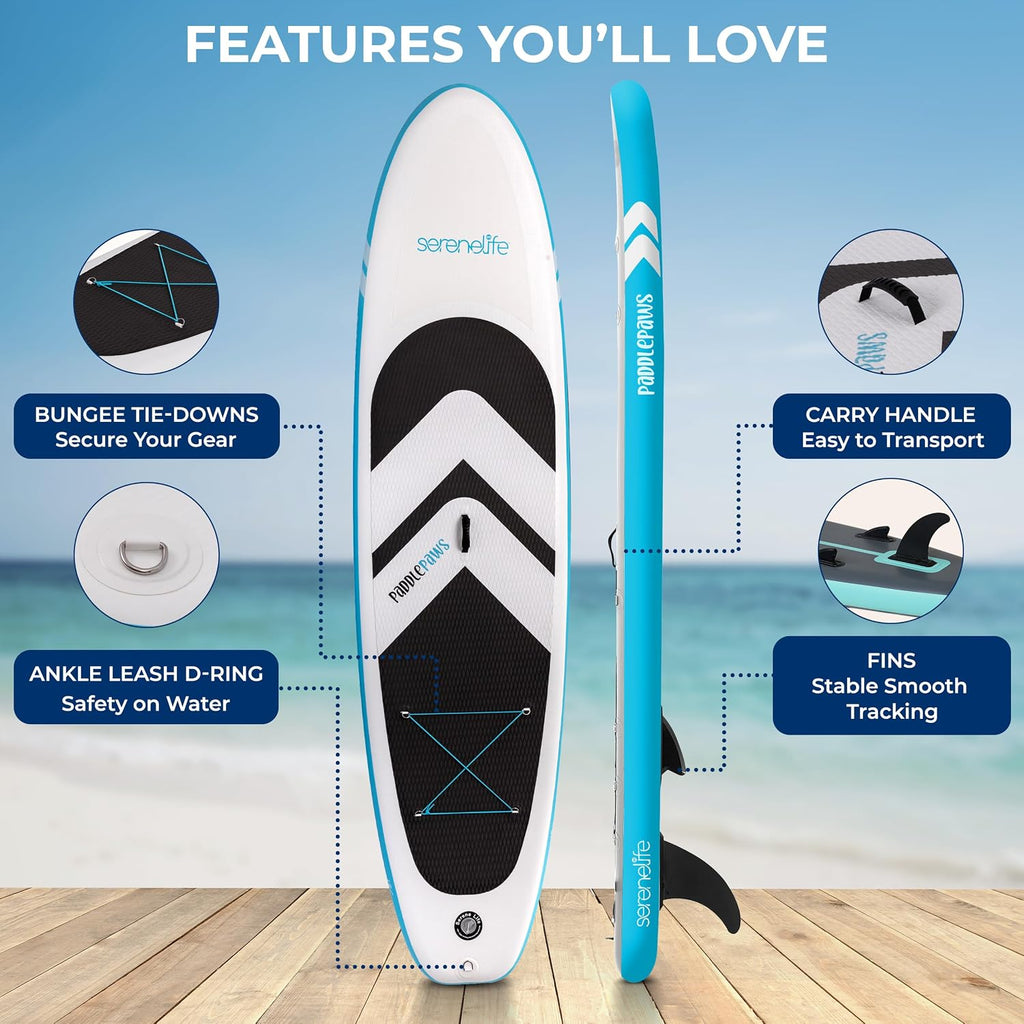 SereneLife 11'6' Supersized Inflatable Paddle Board with Pet-Friendly Design – Stable 35' Wide SUP, 485 lb Capacity, Non-Slip EVA Deck, Complete Kit with Paddle, Pump, Leash, Fins & Backpack
