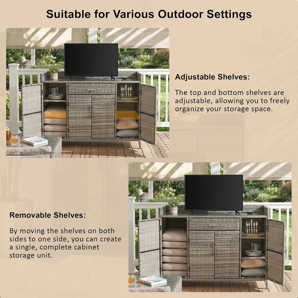 53.2' W Outdoor Weather-Proof Rattan Storage Cabinet with Tempered Glass Top, Outdoor Wicker Bar Table with One Large Drawer & Adjustable Shelves for Patio, Garden, Pool, Grey