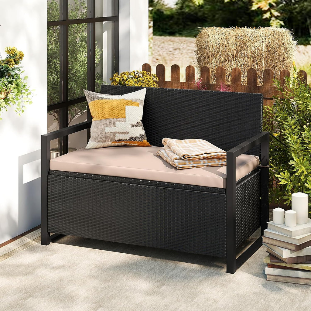 Tangkula 40 Gallon Outdoor Bench with Storage, Patio Wicker Storage Bench with Cushion, Cover, Metal Frame, Deck Box Seat for Backyard, Poolside, Balcony, Garden