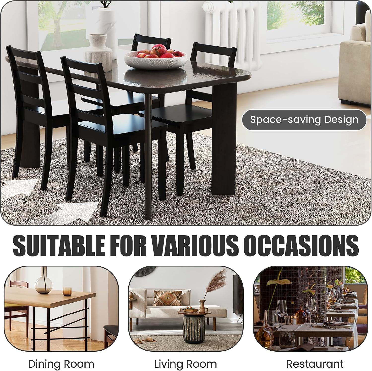 GOFLAME Dining Chairs Set of 4, Ladder Back Side Chairs with Solid Rubber Wood Legs & Non-Slip Food Pads, 4-Pack Space-Saving Armless Dining Chairs for Dining Room, Living Room, Restaurant, Black
