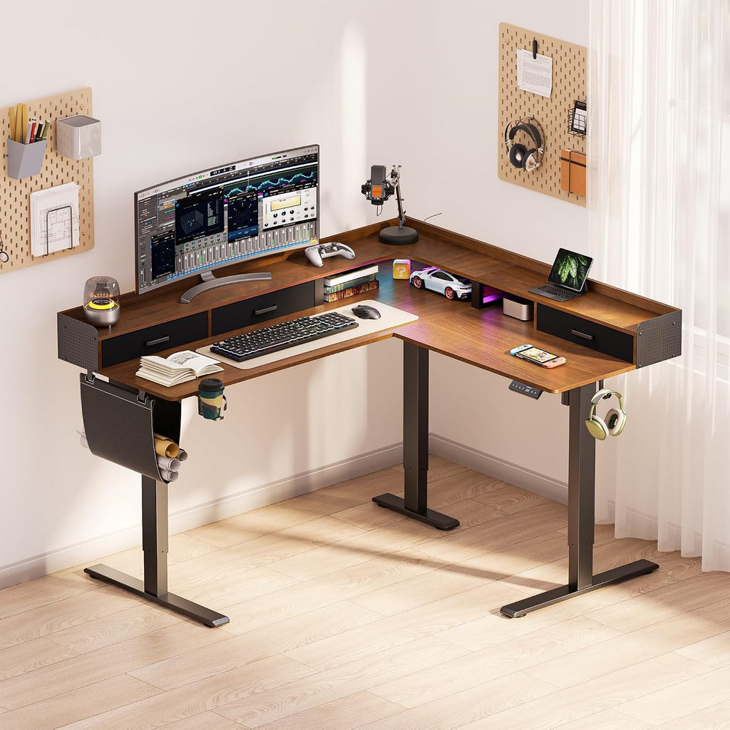 WALKINGDESK 63 Inches Height Adjustable L Shaped Standing Desk with 3 Drawers and Monitor Shelf, Electric Sit to Stand Home Office Comupter Table, Ergonomic Corner Gaming Desk, Black Walnut
