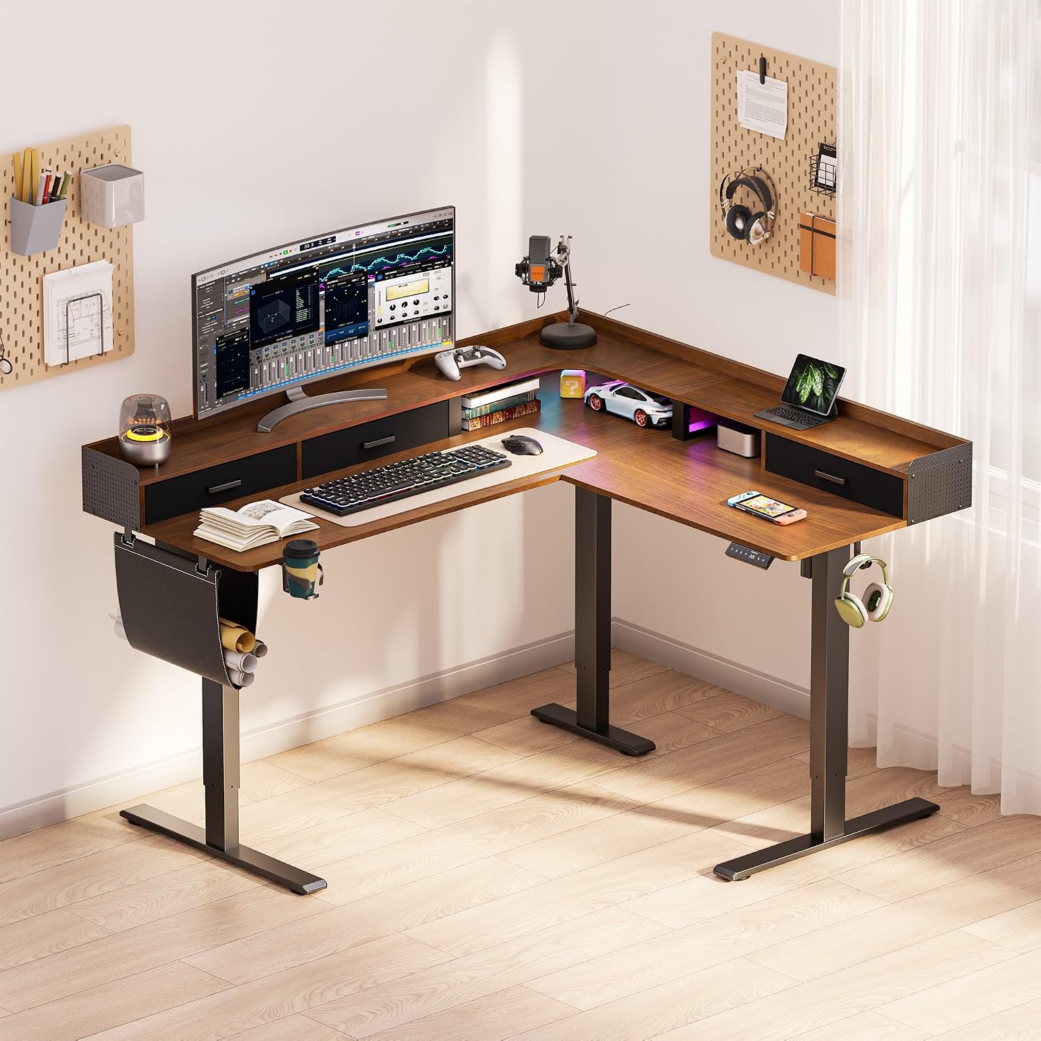 WALKINGDESK 63 Inches Height Adjustable L Shaped Standing Desk with 3 Drawers and Monitor Shelf, Electric Sit to Stand Home Office Comupter Table, Ergonomic Corner Gaming Desk, Black Walnut