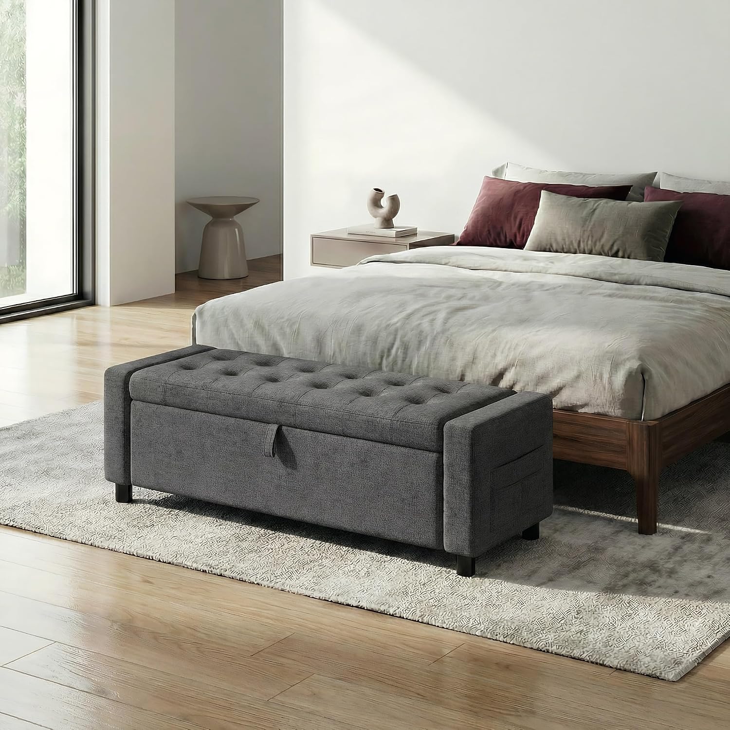 Amada 46' Ottoman with Storage,Storage Ottoman Bench with Safety Hinge, Hidden Compartment & Side Pocket, 400 lbs Weight Capacity, end of Bed/Entryway Bench for Bedroom/Living Room, Dark Gray