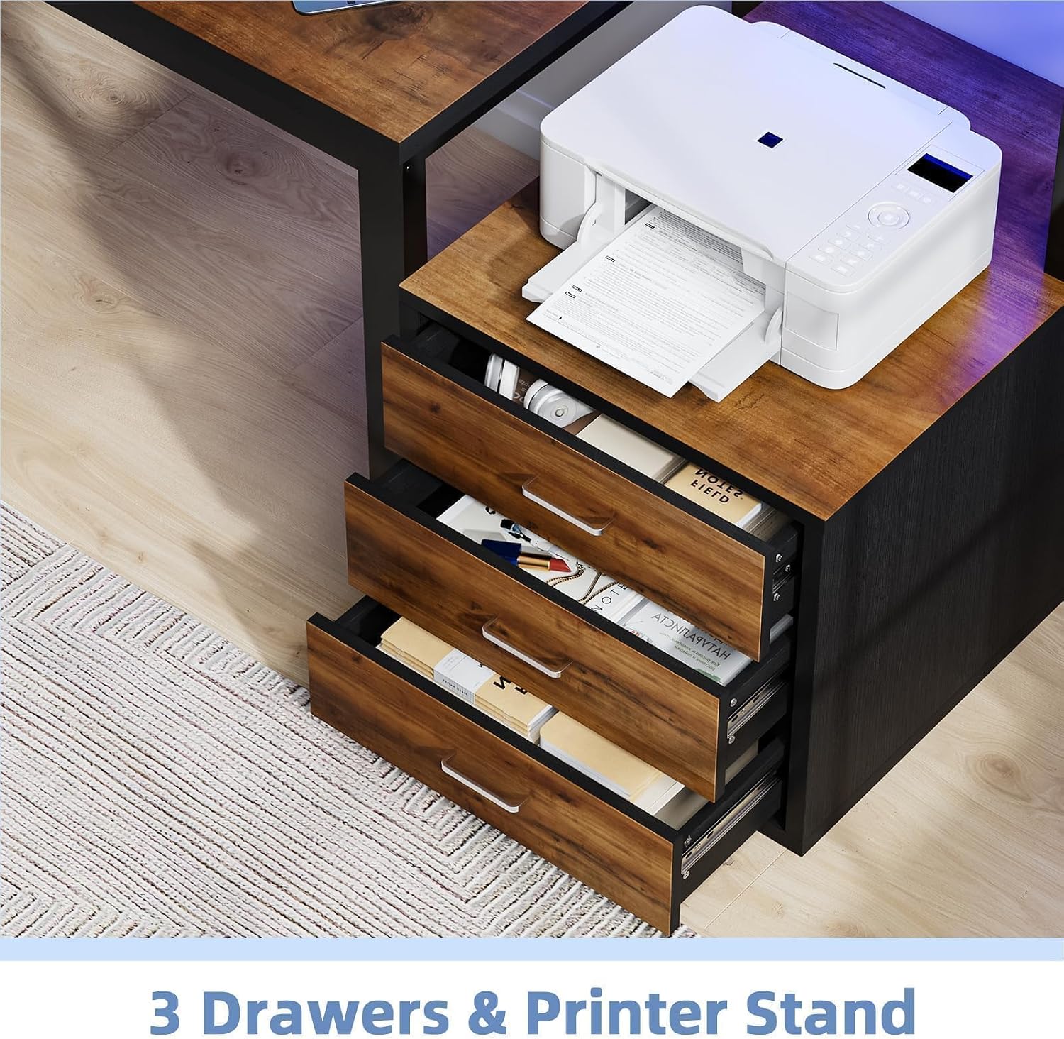 MaverickFurni 67'' Computer Desk with Drawers, Black Desk with Storage and Monitor Stand, Home Office Desk with Printer Shelf and LED Lights, Black and Walnut