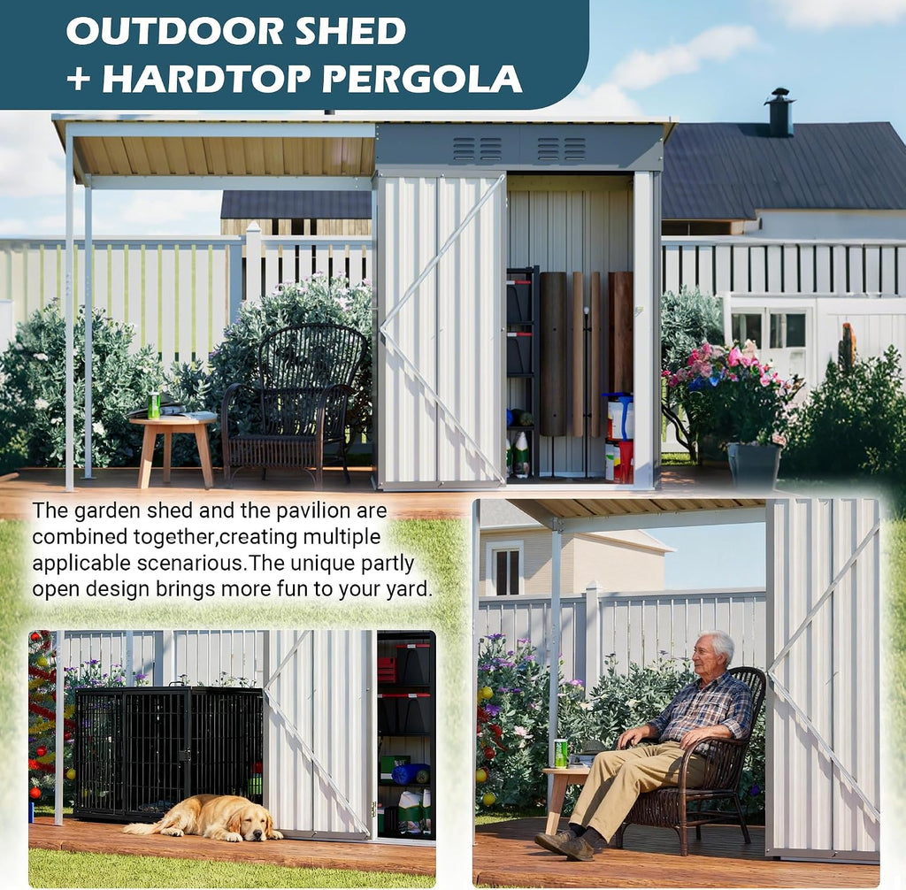 YOPTO 5×3 FT Outdoor Storage Shed & Gazebo Combo,Lean to Metal Tool Shed with Open Pergola,All-Weather 2-in-1 Garden Shed & Gazebo W/Sloping Roof and Lockable Door,for Backyard,Patio,Lawn(Gray)