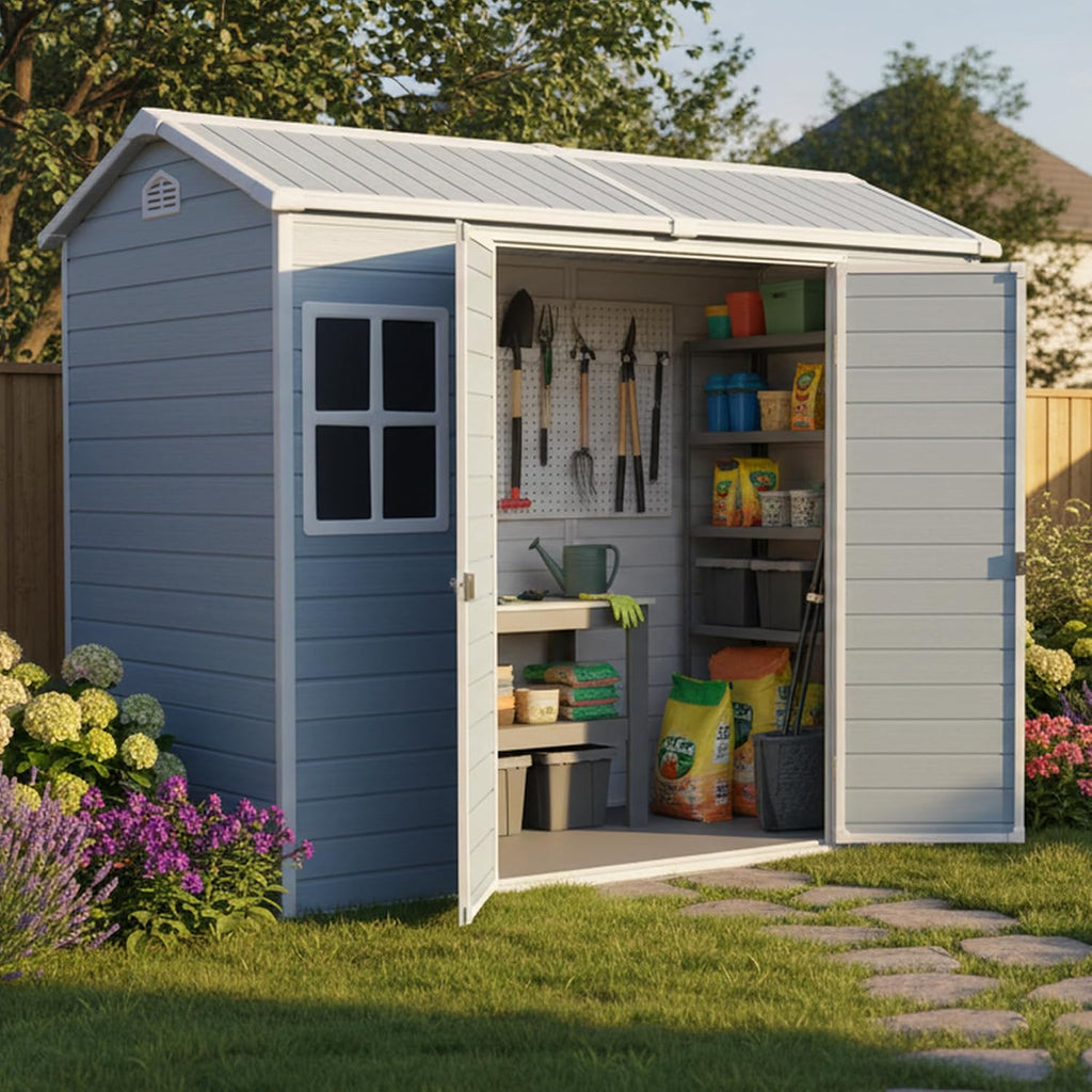 Resin Shed with Floor, Storage Shed with Floor, 8x4FT Outdoor Shed with 2 Windows and Lockable Door Sheds for Garden Tools, Bike