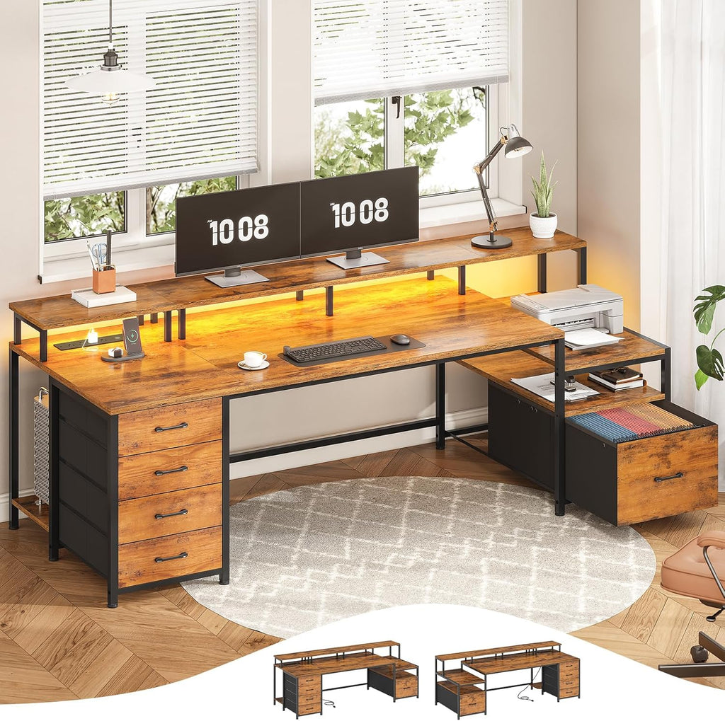 SEDETA Home Office Desk with File Drawer & Power Outlet, 75'' Large Computer Desk with 5 Drawer, Storage Shelves, Monitor Shelf and Led Lights, 23.6' W Desktop Gaming Desk, Rustic Brown