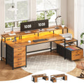 SEDETA Home Office Desk with File Drawer & Power Outlet, 75'' Large Computer Desk with 5 Drawer, Storage Shelves, Monitor Shelf and Led Lights, 23.6' W Desktop Gaming Desk, Rustic Brown