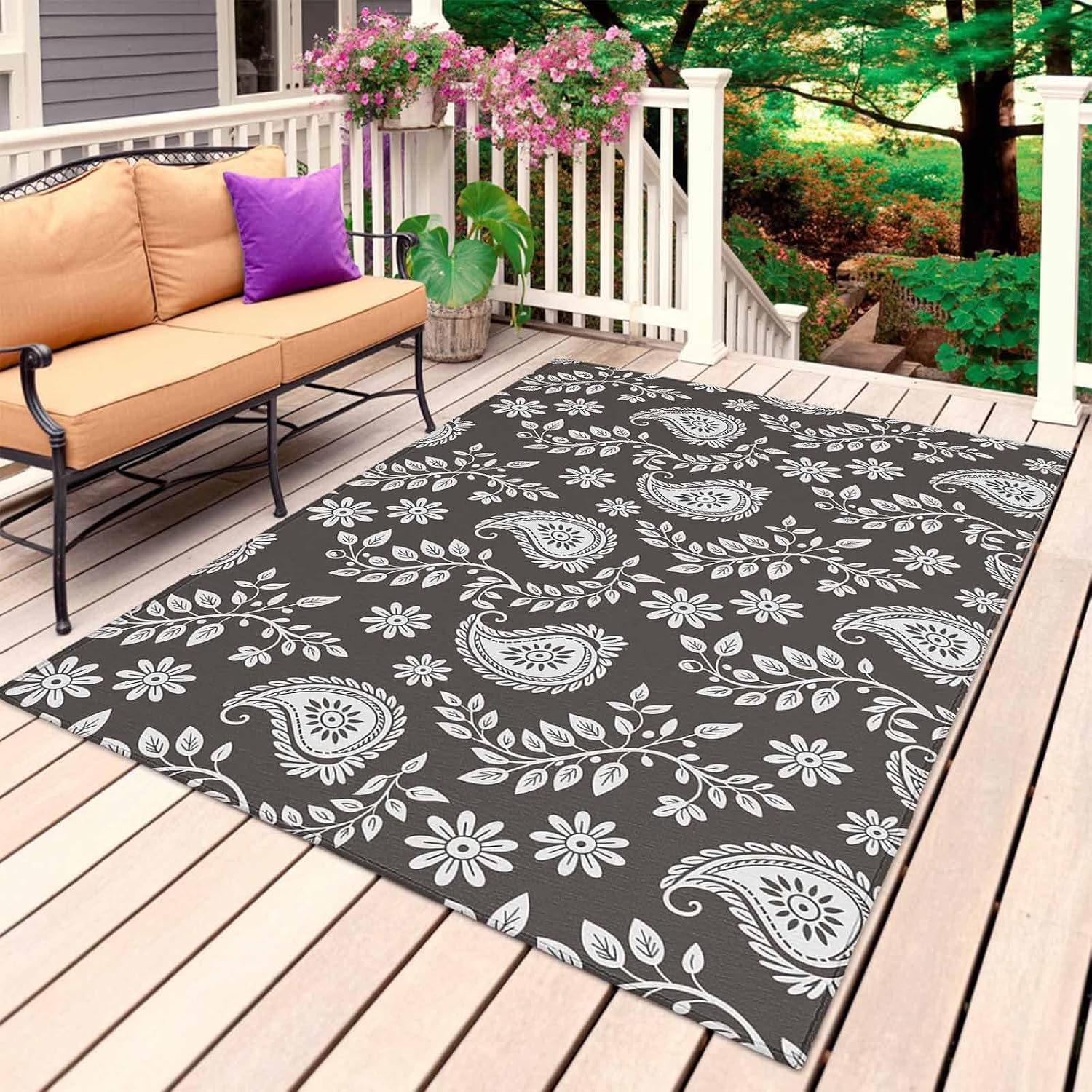 Grey Paisley Outdoor Rug for Patio/Deck/Porch, Non-Slip Large Area Rug 5 x 7 Ft, Ethnic Vintage Floral Botanical Abstract Indoor Outdoor Rugs Washable Area Rugs, Reversible Camping Rug Carpet Runner