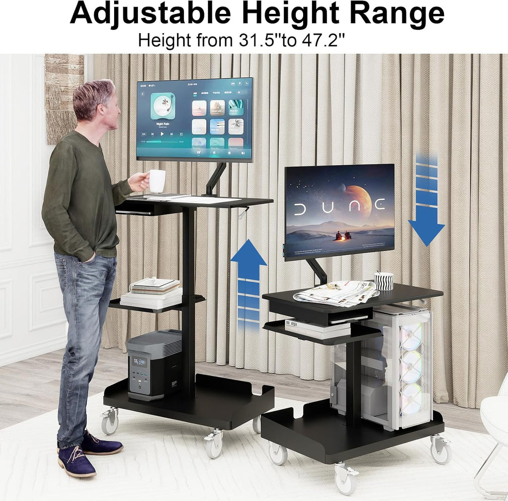 Natwind Mobile Workstation Cart with Monitor Mount,Height Adjustable Rolling Computer Cart, Heavy-Duty Rolling Standing Desk with CPU Holder for Home Office, School,Warehouse, Medical（Black）