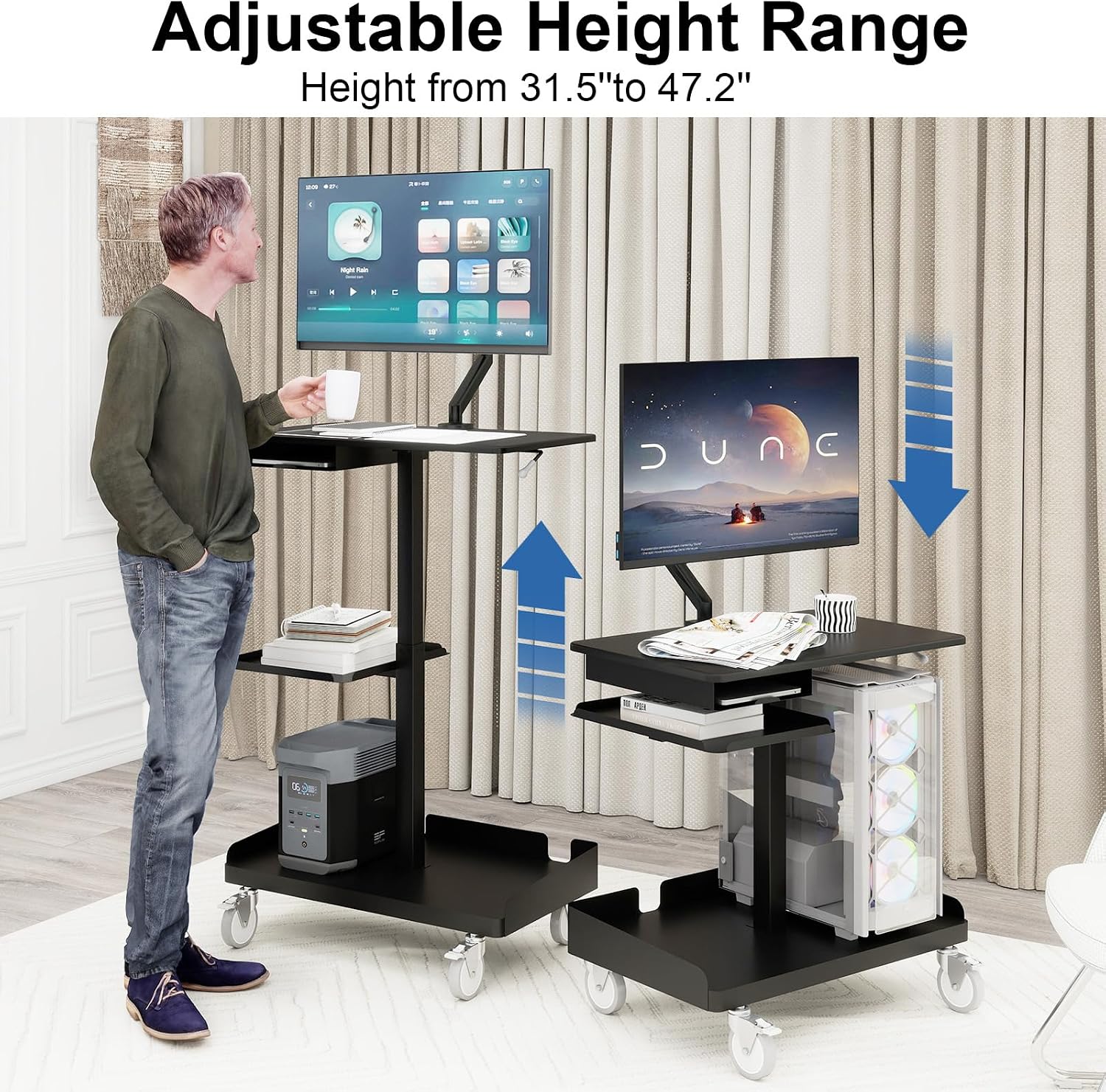 Natwind Mobile Workstation Cart with Monitor Mount,Height Adjustable Rolling Computer Cart, Heavy-Duty Rolling Standing Desk with CPU Holder for Home Office, School,Warehouse, Medical（Black）