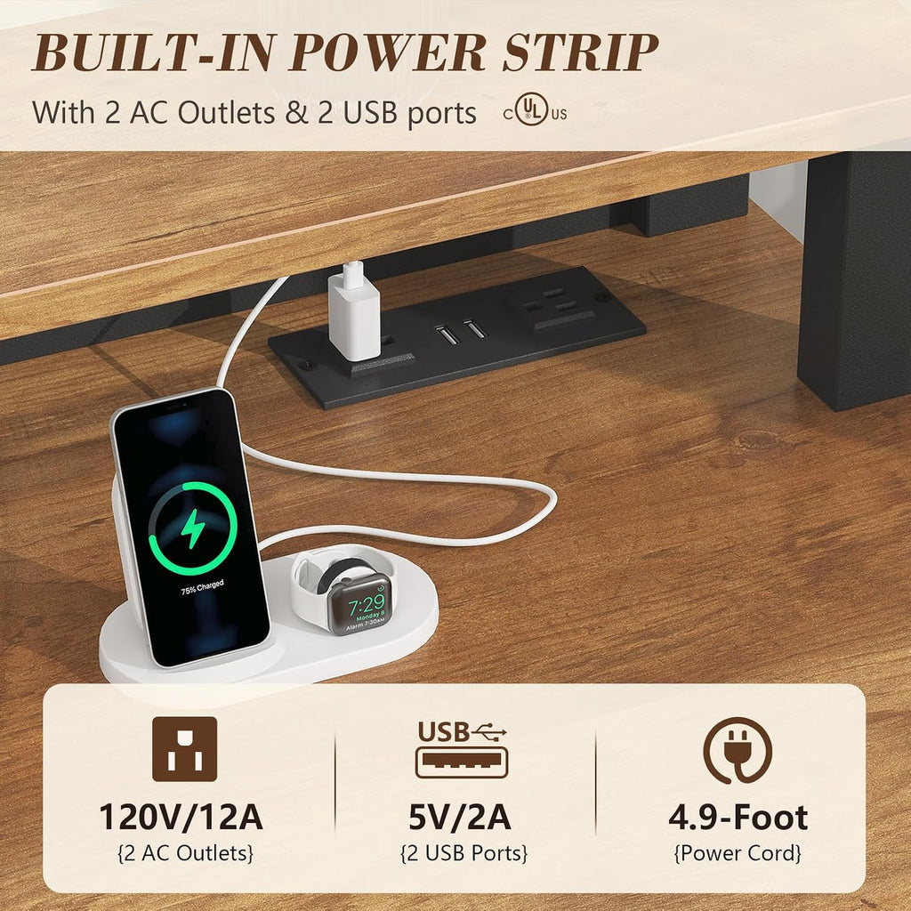 YOMILUVE Farmhouse Computer Desk with Drawers, 47' Small Computer Desk with Power Outlets, Home Office Desk with Monitor Stand & 4 Drawers, Writing Study Table, Brown and Black
