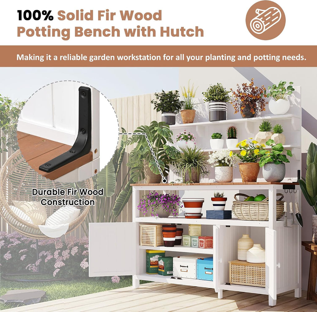 JIVOIT Outdoor Garden Potting Bench Table, 50.2' Solid Fir Wood Garden Workstation Work Bench, Outdoor Planting Table with Hutch, Large Countertop, 2 Shelves, 2 Cabinets, 3 Side Hooks