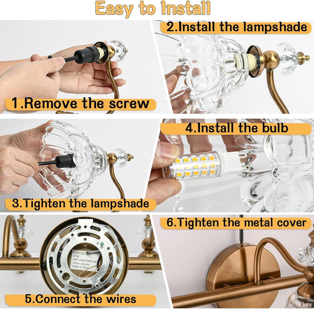 LOUSACE 3-Light Gold Vintage Bathroom Vanity Lights, Antique Brass Bathroom Light Fixture Over Mirror, Retro Brass Vanity Lighting Fixtures with Crystal Glass Shade, Restroom Wall Light Fixture