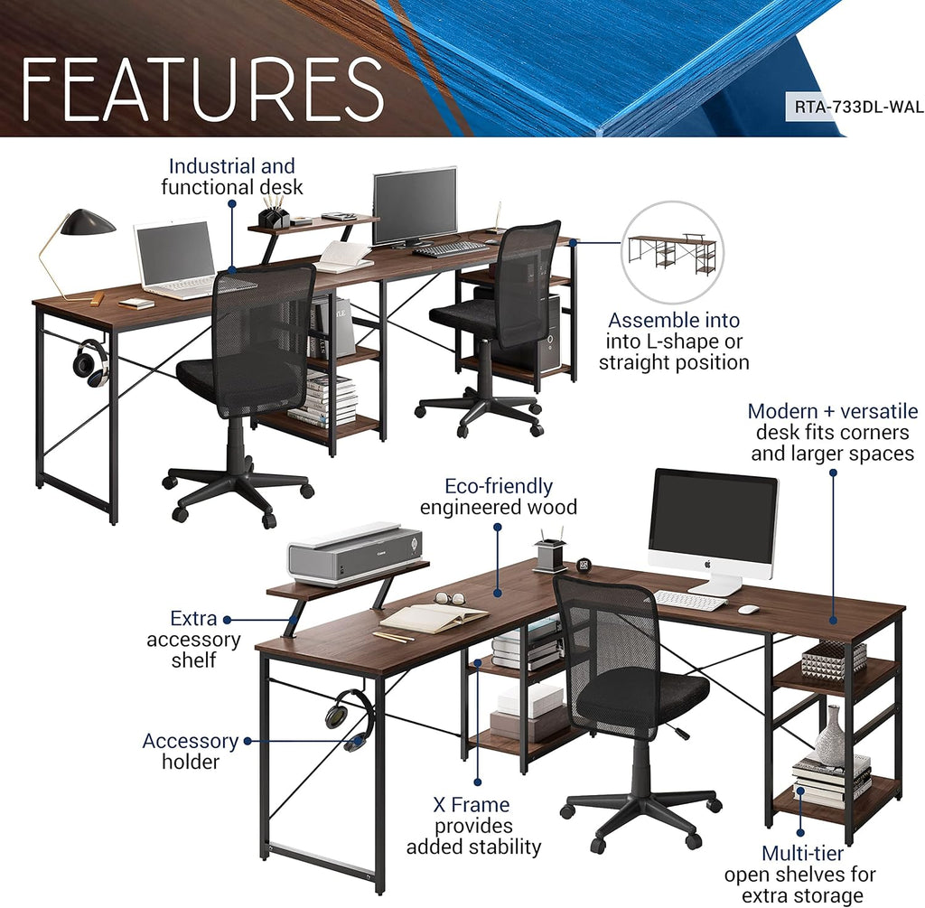 Techni Mobili Office Desk - Reversible L Shaped Desk with Storage Shelves, Monitor Stand & Accessory Holder - Ergonomic & Industrial Workstation Corner Table with Durable Steel Frame, Walnut