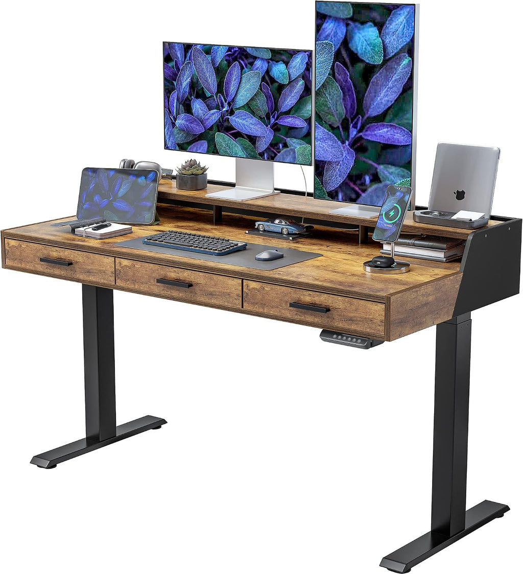 FEZIBO 55x26 Inches Standing Desk with 3 Wooden Drawers and Monitor Shelf, Height Adjustable Computer Desk, Ergonomic Rising Home Office Desks, Sit Stand Up Electric Workstation Table, Rustic Brown