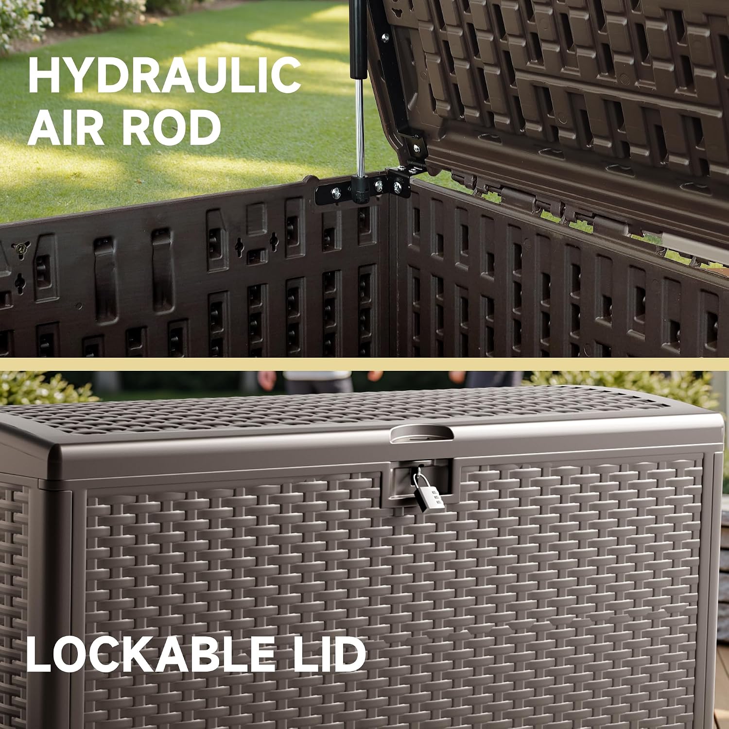 150 Gallon Deck Box, Double Layer Waterproof Resin, Lockable & UV Resistant Storage Box for Patio, Garden, Pool, Brown