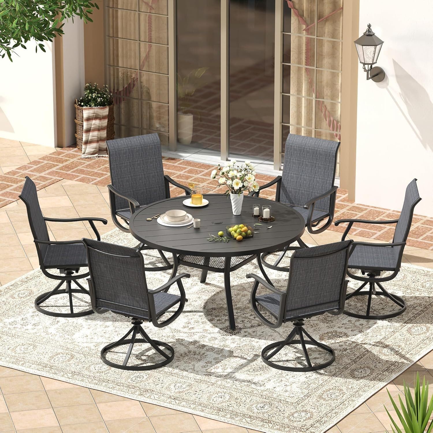 VICLLAX Round Patio Dining Table for 4-6, Outdoor Metal Dining Table with Umbrella Hole for Deck Lawn Garden Backyard, 47.2' Black