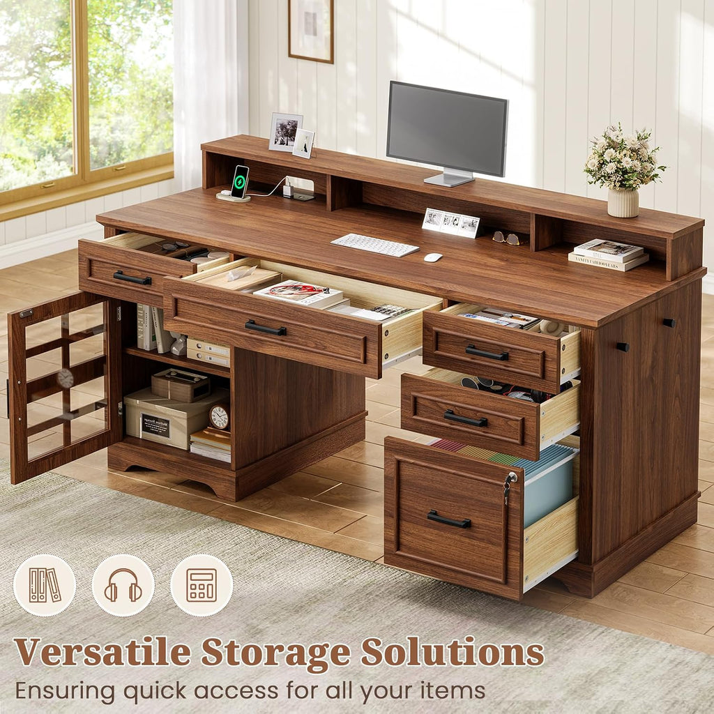 UPOSOJA 60'' Farmhouse Executive Desk with Drawers, Home Office Desk with Power Outlet & LED Light, Wood Computer Desk with Monitor Stand, Locking File Drawer, Glass Storage Cabinet, Hooks