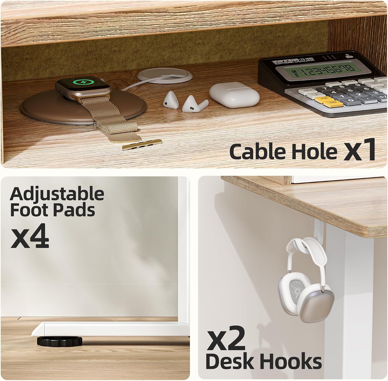 TIQLAB 48 * 28 Inch Standing Desk with Four Drawers, Electric Sit Stand Table, Stand Up Desk Adjustable Height with Storage Shelf, Splice Board, Maple