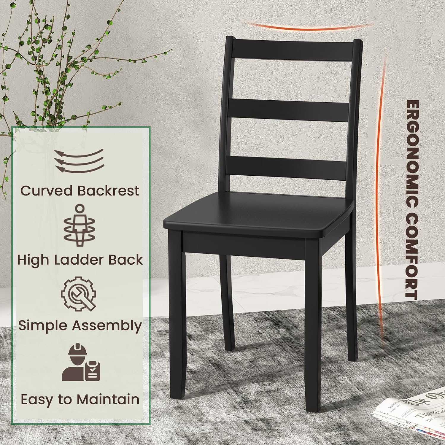 NAFORT Wood Dining Chairs Set of 2 Black, Armless Kitchen Chairs with Solid Rubber Wood Legs, Non-Slip Foot Pads, Max Load 400 Lbs, Farmhouse Seat High Ladder Back Dining Room Chairs