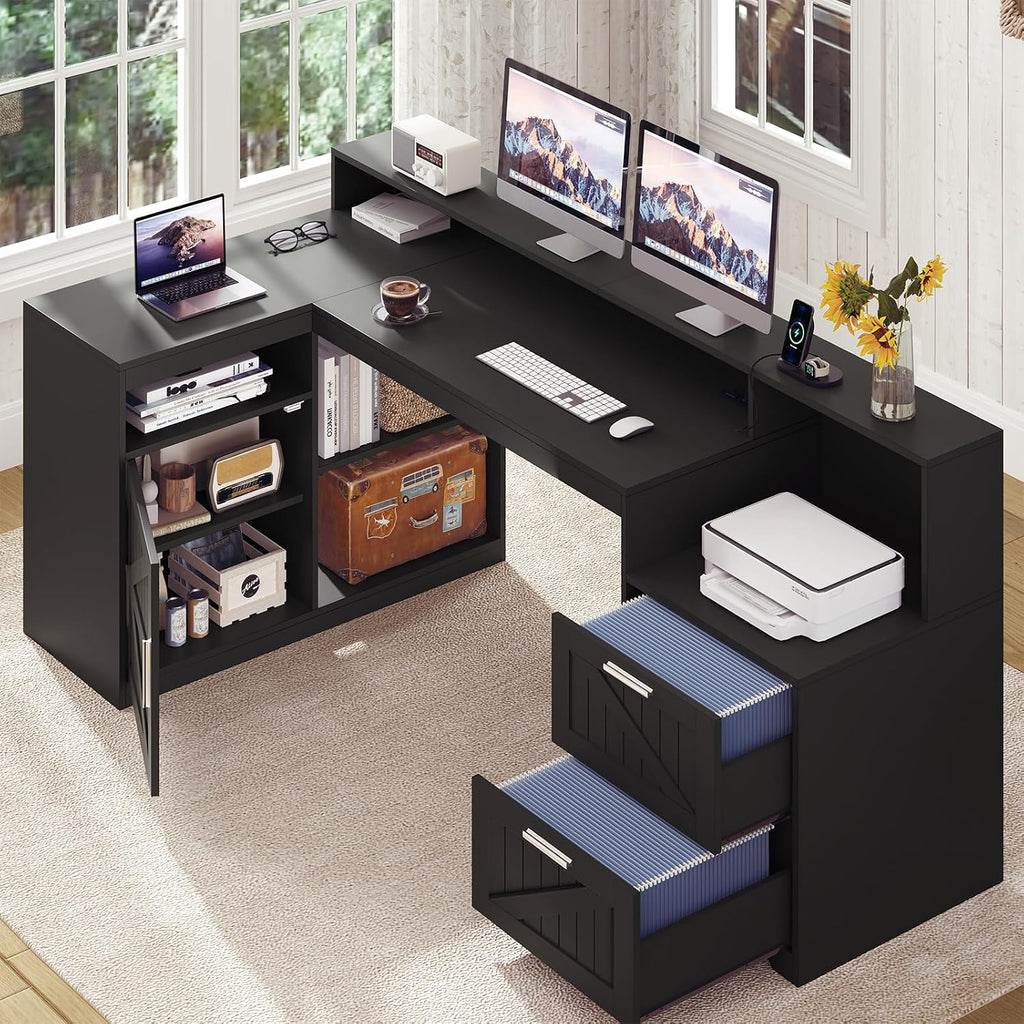 TVU Farmhouse L Shaped Desk with Drawers, 62.2' Home Office Desk with Storage Shelves and Power Outlet, L Shaped Computer Desk with Monitor Stand and Printer Shelf, Black