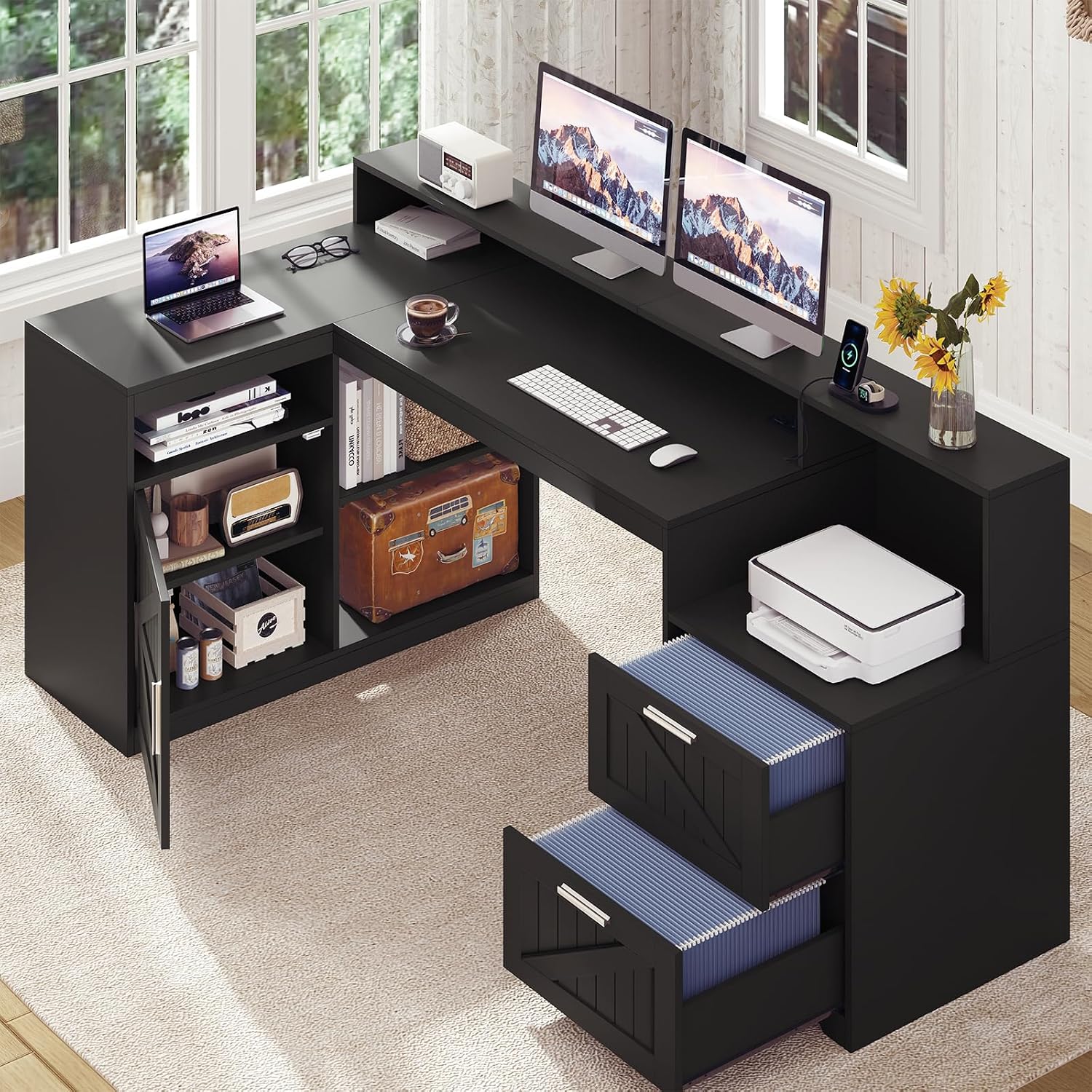 TVU Farmhouse L Shaped Desk with Drawers, 62.2' Home Office Desk with Storage Shelves and Power Outlet, L Shaped Computer Desk with Monitor Stand and Printer Shelf, Black