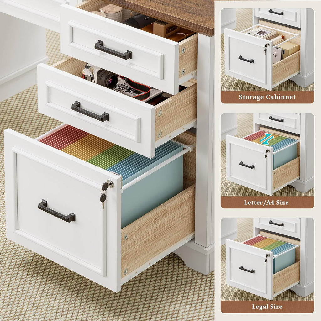 UPOSOJA 60'' Farmhouse Executive Desk with Drawers, Home Office Desk with Power Outlet & LED Light, Wood Computer Desk with Monitor Stand, Locking File Drawer, Glass Storage Cabinet, Hooks, White