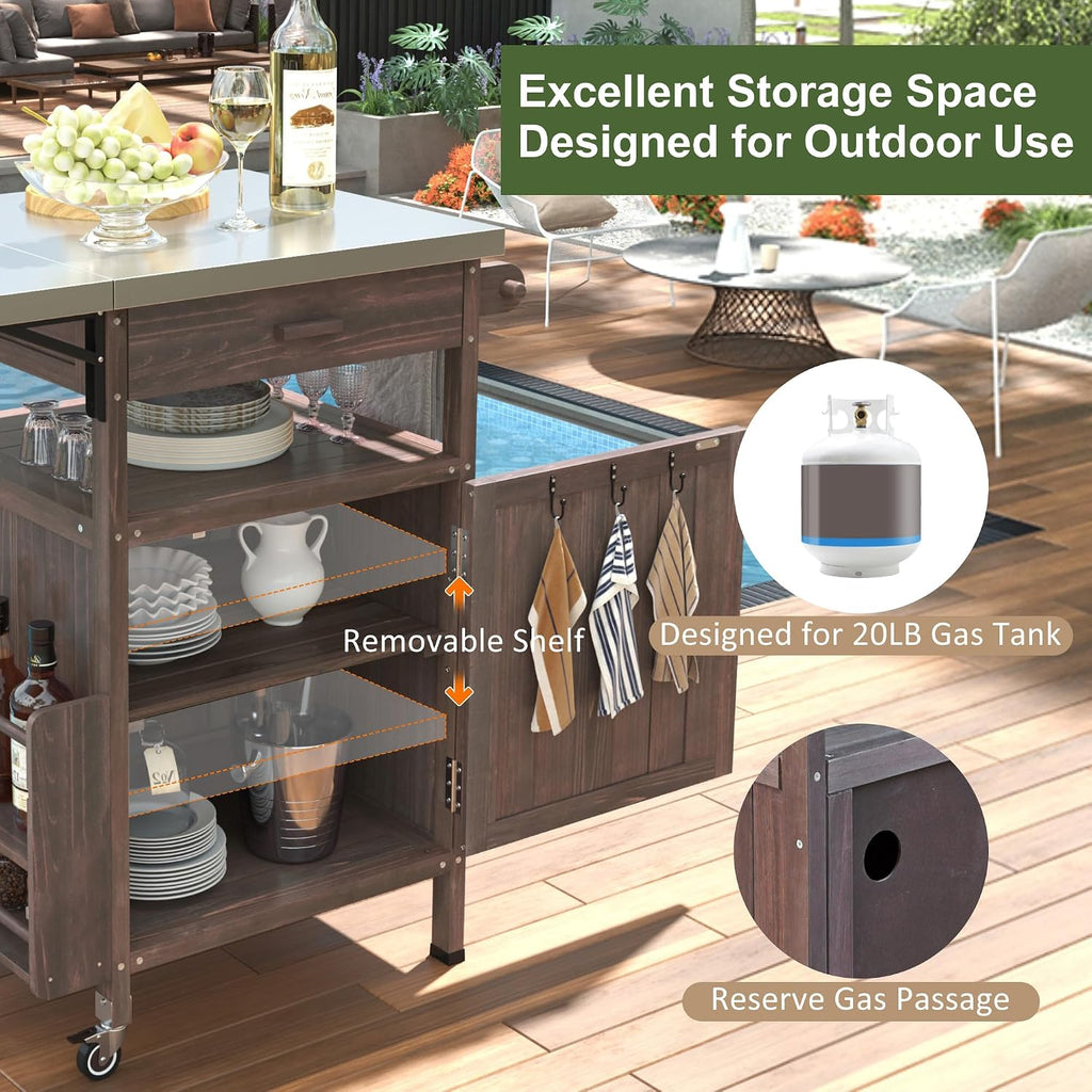 40.5' Outdoor Grill Cart with Stainless Steel Top, Solid Wood Outdoor Storage Cabinet with Drop Leaf, One Drawer, Towel Rack, Rolling Kitchen Cart with Lockable Wheels for Lawn Garden, Brown