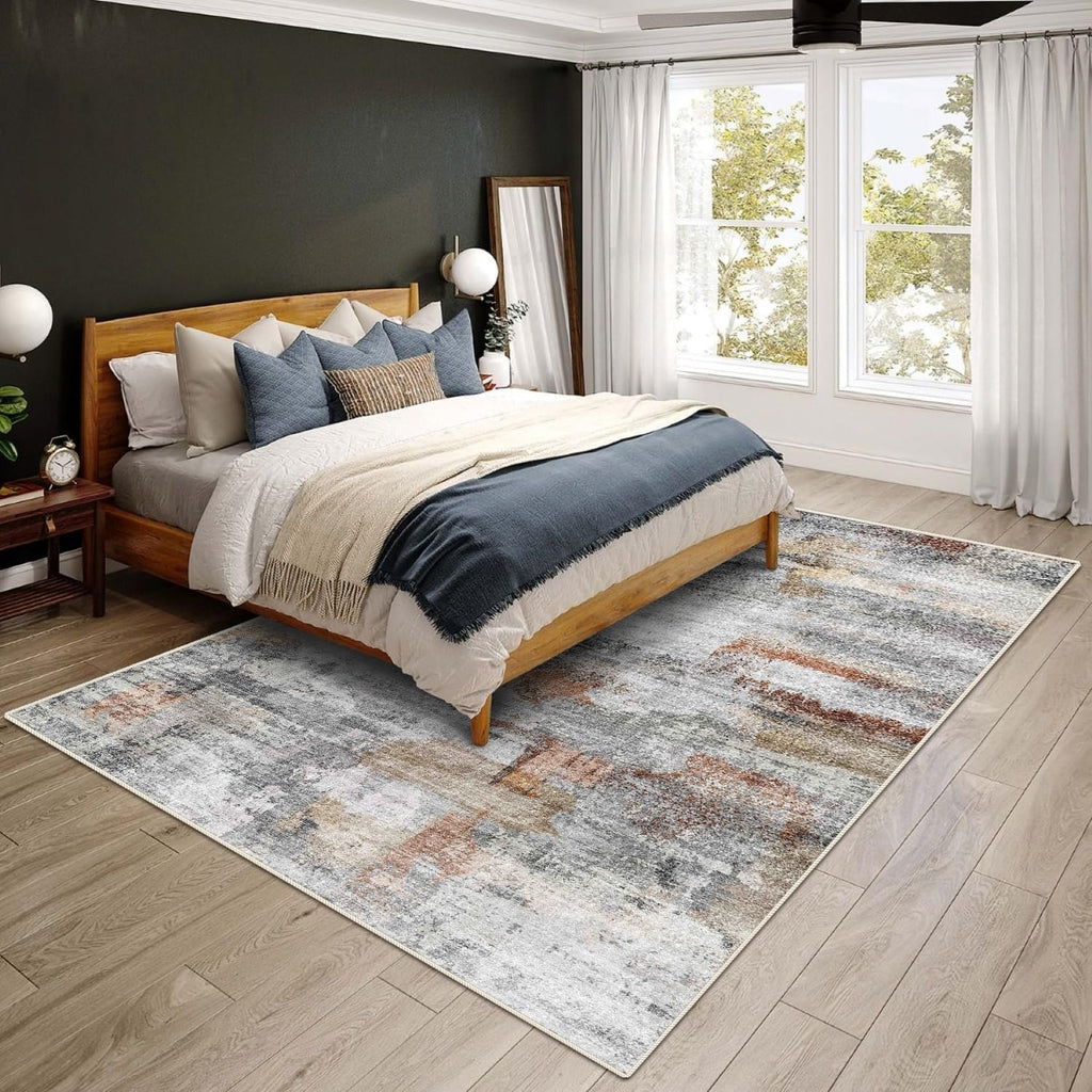 vivorug Grey 9x12 Area Rugs for Living Room, Non Slip Machine Washable Modern Abstract Rug, Ultra-Thin Lightweight Large Area Rug Carpet for Bedroom, Dining Room, Low Pile