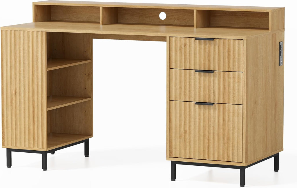 EYYTHUNG Fluted Executive Desk with Charging Station, 55' Modern Wood Office Desk with Monitor Stand & File Drawer, Home Writing Study Computer Table for Work Study, Natural Oak