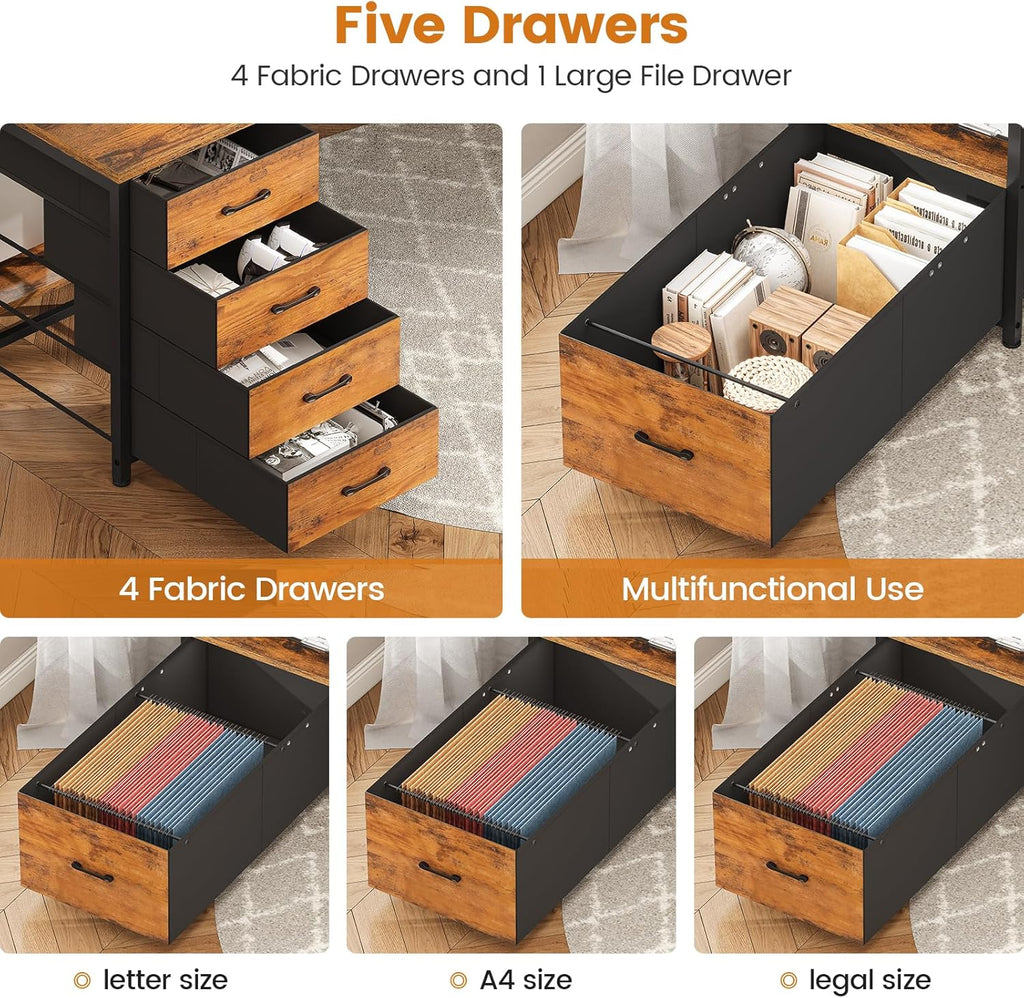 SEDETA Home Office Desk with File Drawer & Power Outlet, 75'' Large Computer Desk with 5 Drawer, Storage Shelves, Monitor Shelf and Led Lights, 23.6' W Desktop Gaming Desk, Rustic Brown
