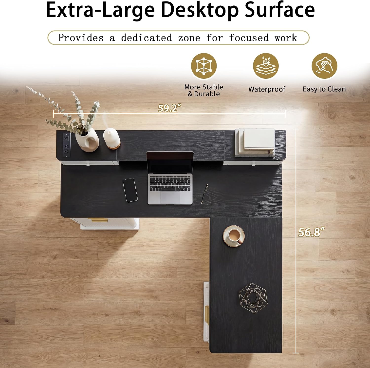 RiteSune L-Shaped Fluted Office Desk with USB Charging Station, Removable Monitor Stand, File Drawer & Adjustable Storage Cabinet, Modern Corner Computer Desk